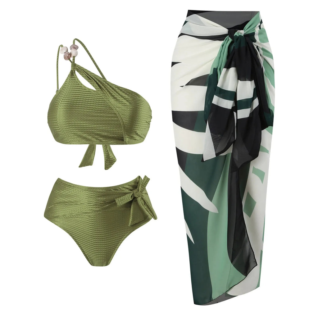 Women's brown high-waist push-up bikini with matching chiffon dress swimsuit set.