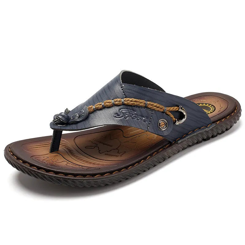 Men's non-slip casual slippers in black PU leather, showing sole tread and lightweight design.