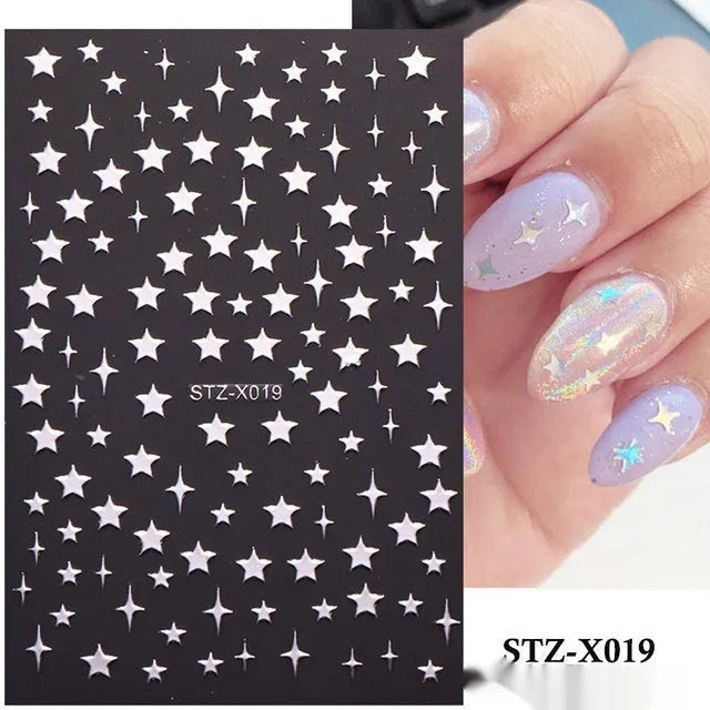 Cartoon-themed nail art sticker sheet with black and silver strip patterns and love motifs