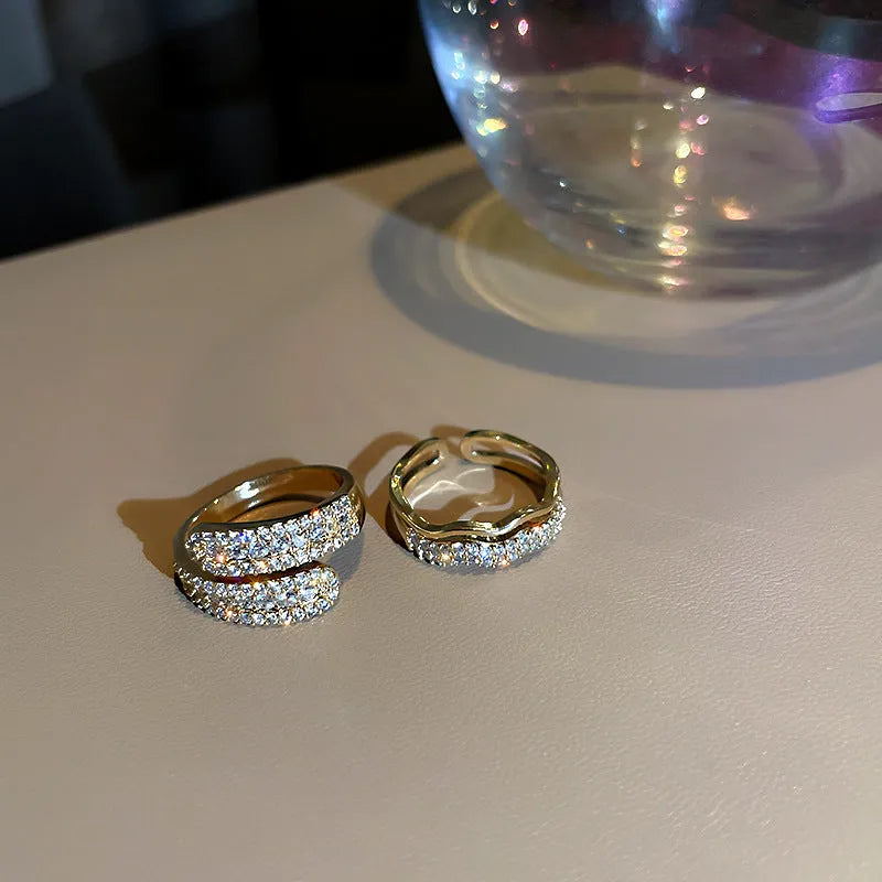 Gold electroplated diamond-embedded open ring for women with geometric alloy band