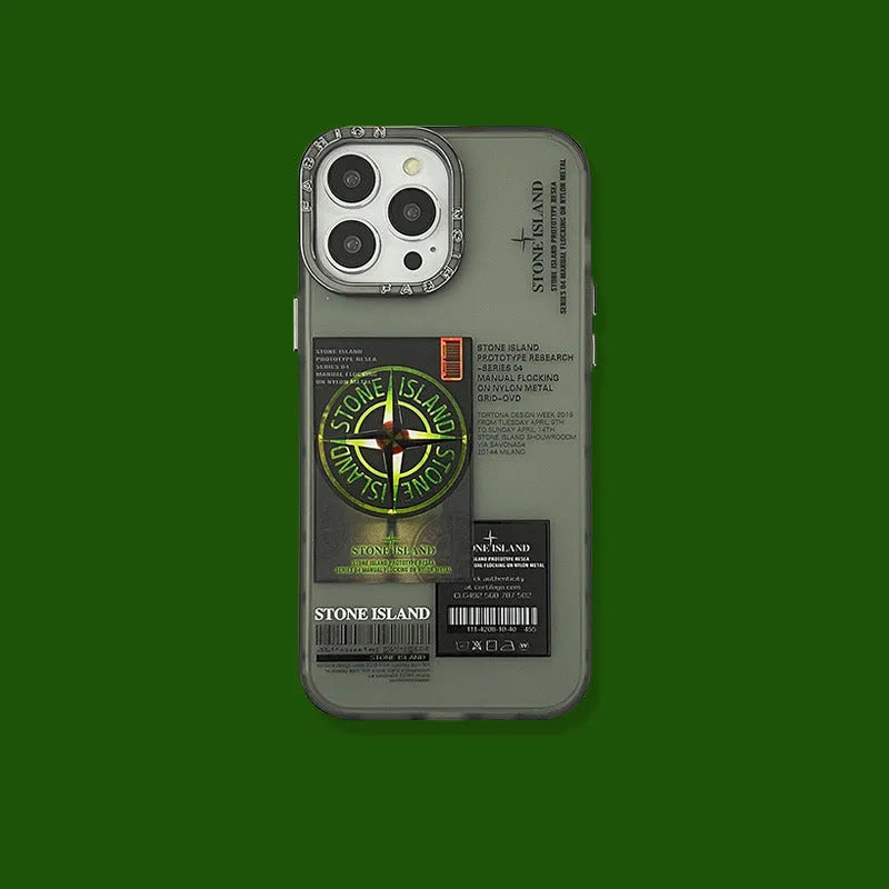 Creative Text Phone Case with hard back and soft edges, electroplated lens ring in purple stone island label, for iPhone