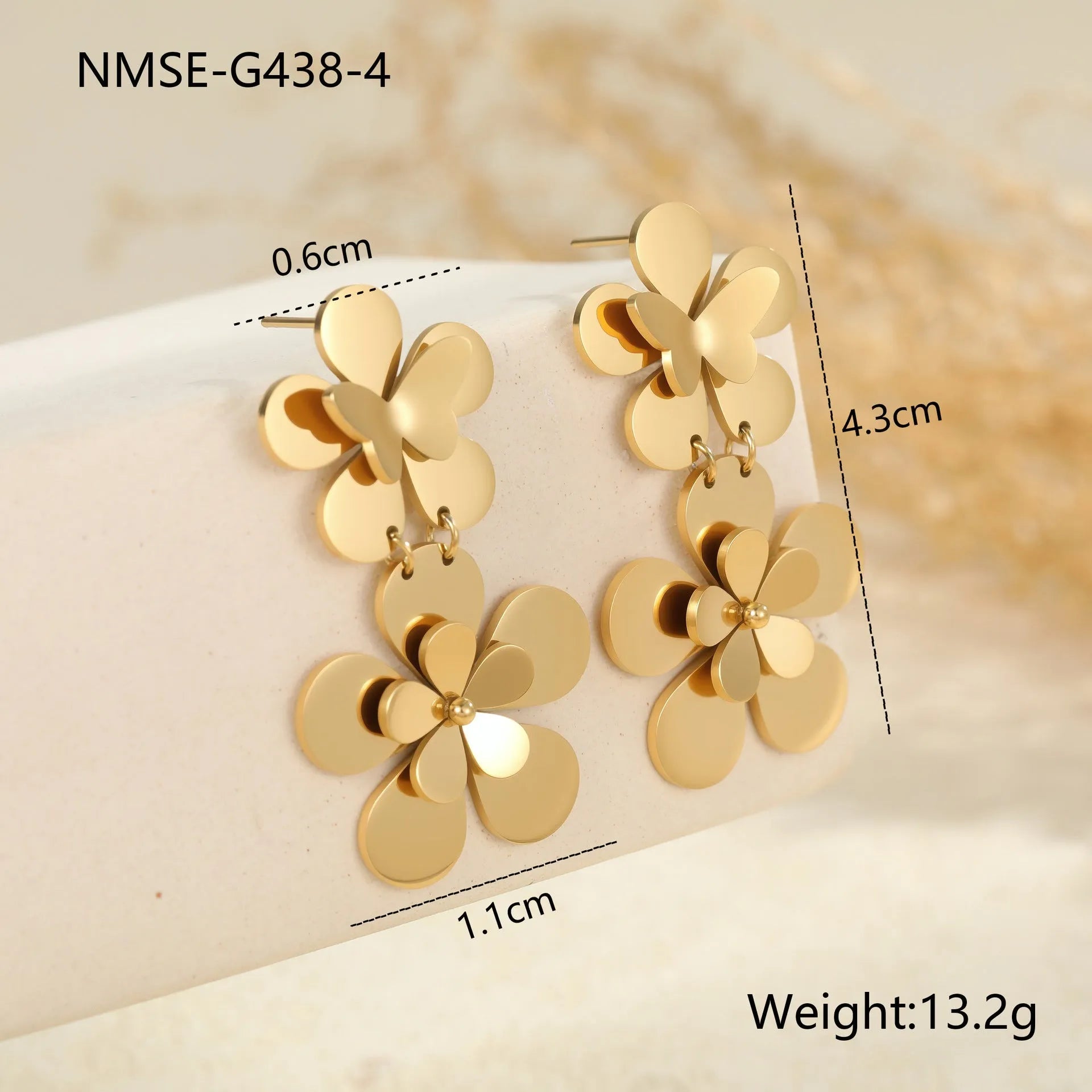 Gold flower butterfly stainless steel earrings with 18K electroplating finish