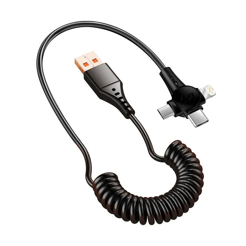 Black telescopic three-in-one charging cable with USB-C, Micro USB and Lightning connectors extended to full length