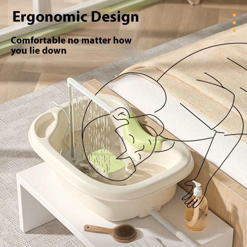 Plastic shampoo basin with neck pillow and water pump system for lying down hair washing