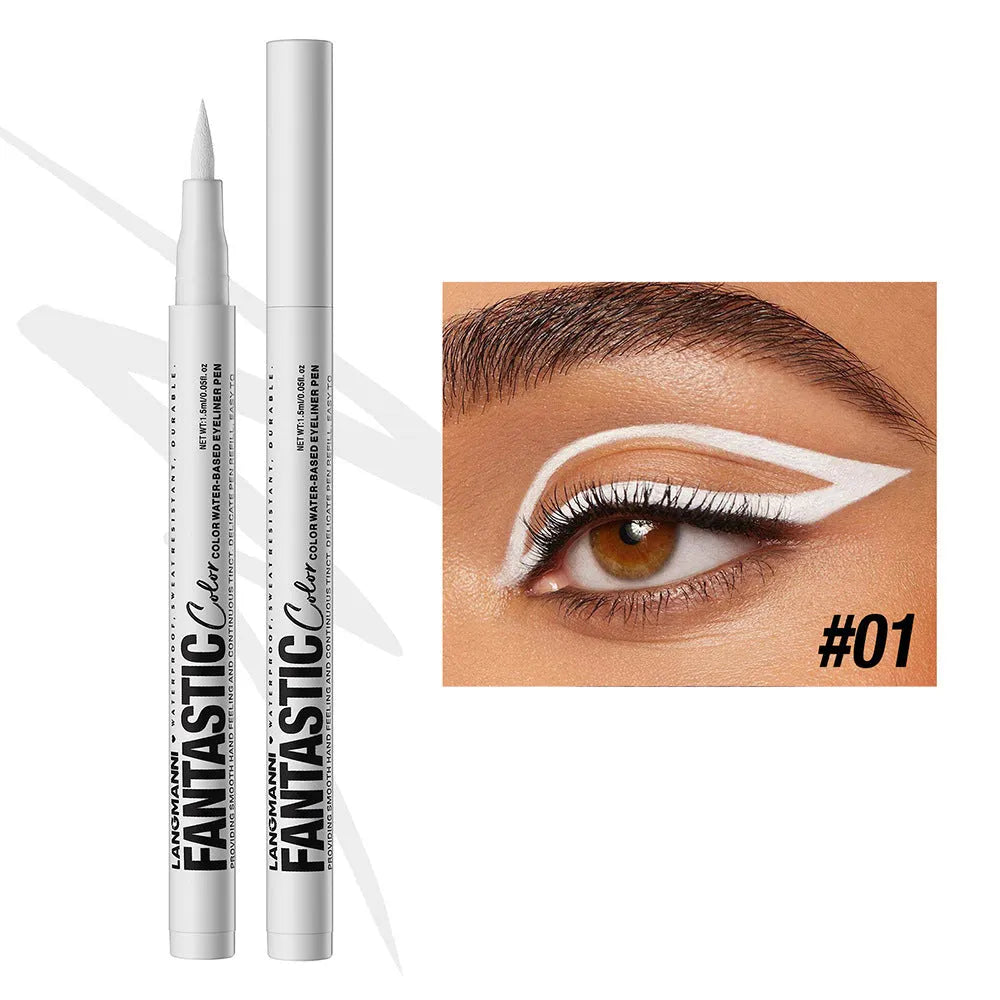 Matte anti-smudge liquid eyeliner in twelve colours including white, gold, purple, brown, blue, and iron grey