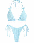 Women's light blue backless bikini swimsuit with strappy design on a mannequin.