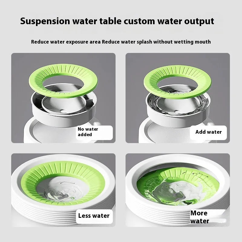 Green pet suspension water bowl for dogs and cats on a matching plate.