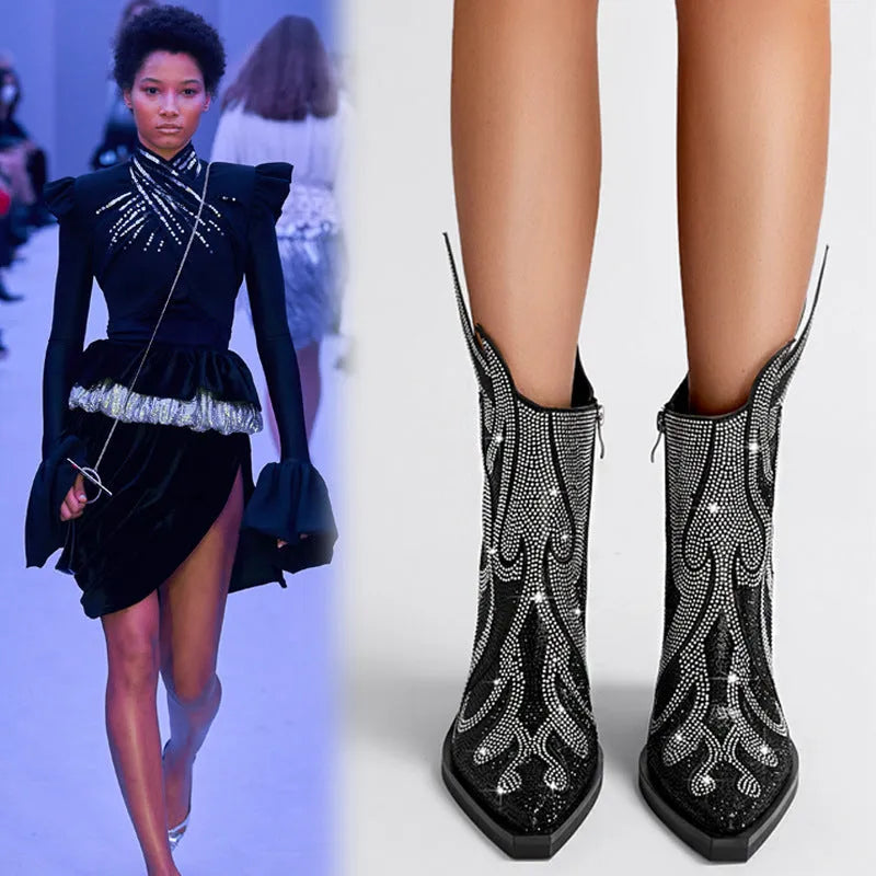Women's square toe chunky heel Martin boots with rhinestone flame decoration, black colour, side zipper, rubber sole