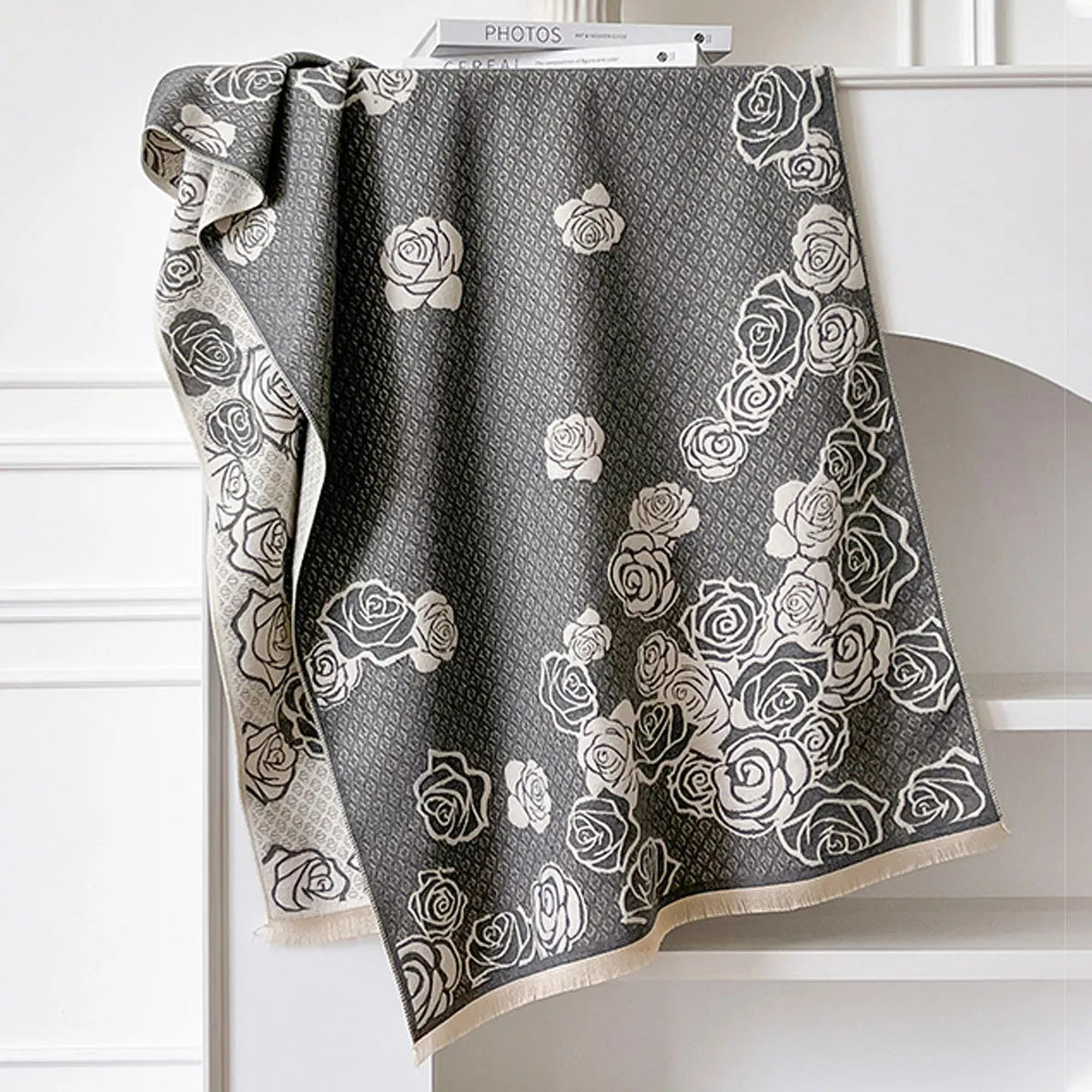 Imitation cashmere winter scarf with tassels in grey colour showing 185cm length