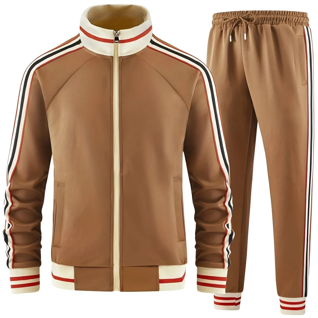 Khaki coloured turtleneck zip cardigan and matching trousers street style leisure suit.