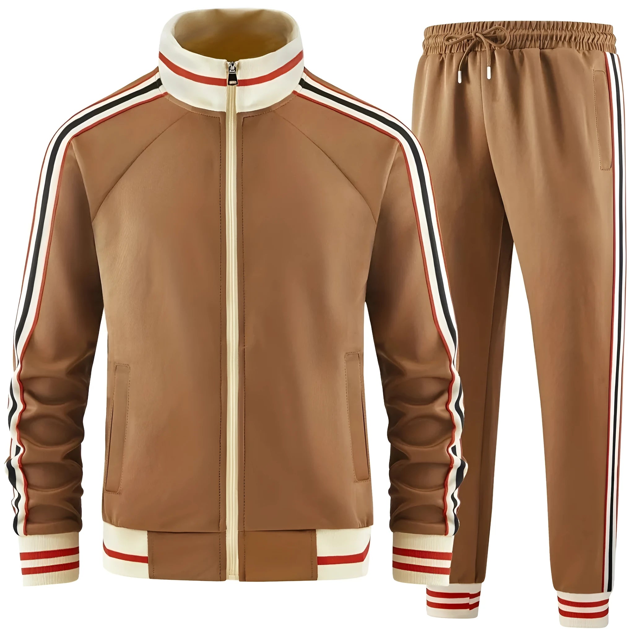 Khaki coloured turtleneck zip cardigan and matching trousers street style leisure suit.