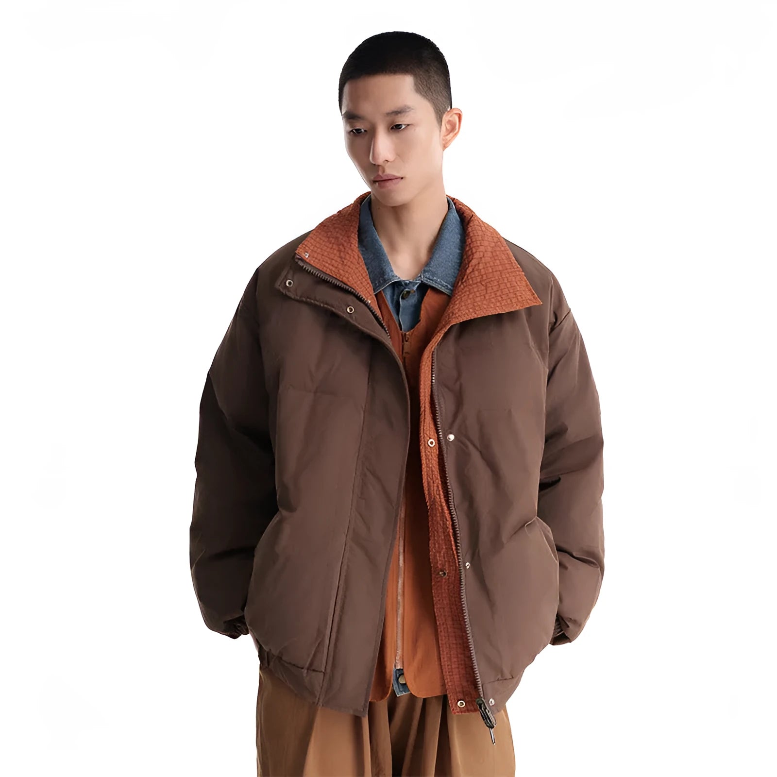 Men's brown reversible down jacket with stand-up collar and hood, medium length 65cm, available in sizes S to XL