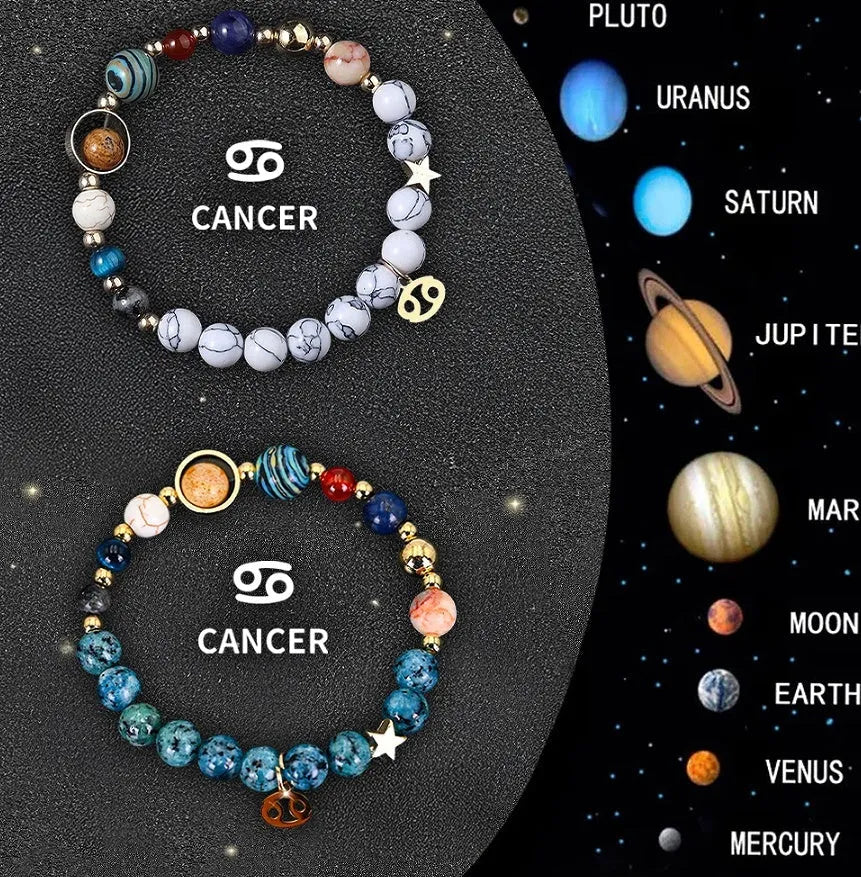 Two natural stone beaded bracelets with zodiac sign designs and adjustable string closures