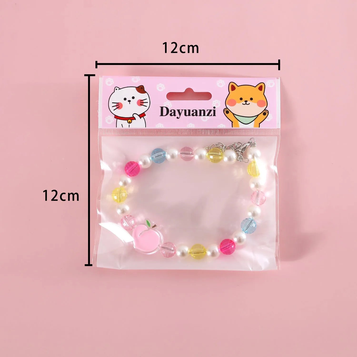Colourful plastic bead cat necklace on a white background, showing peach, rainbow, and small flower pattern options.
