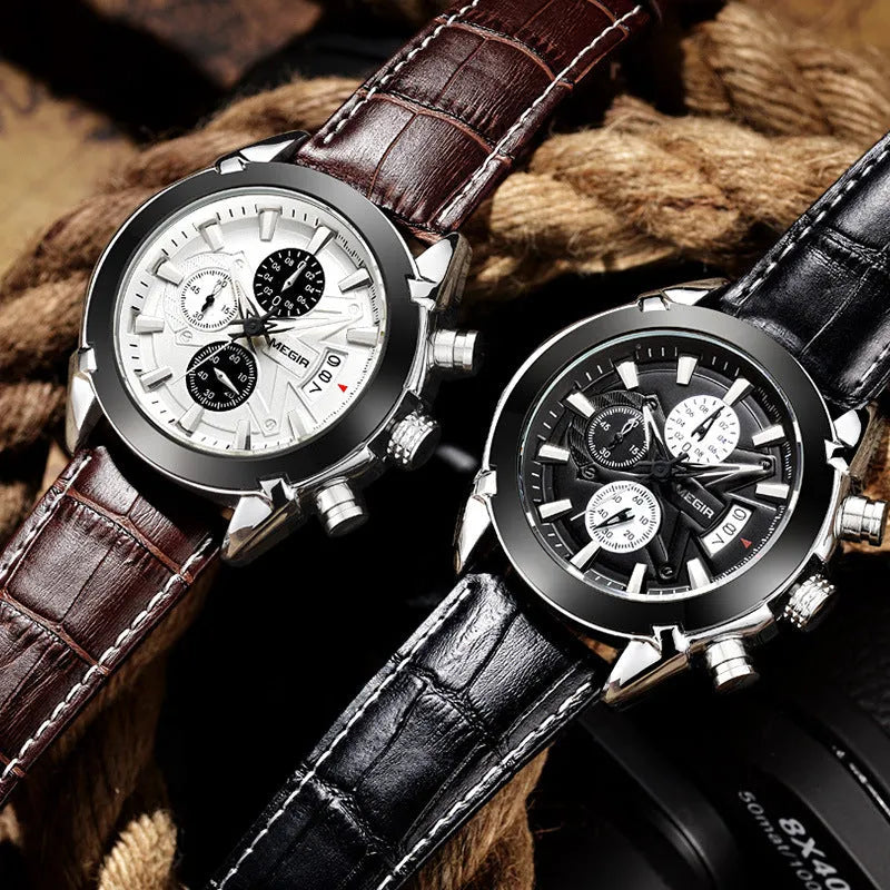 Men's multifunctional quartz chronograph watch with luminous markers on a brown and white dial.
