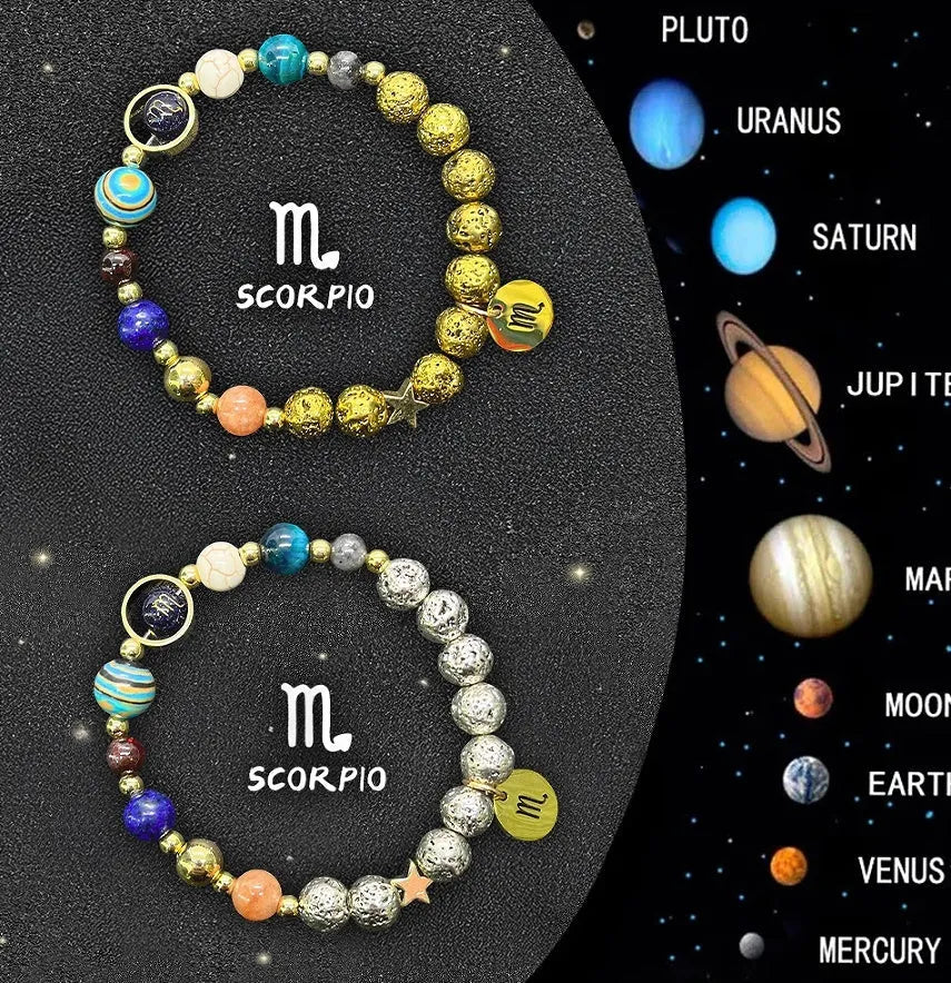 Natural stone bead zodiac bracelets for twelve astrological signs with adjustable cord.