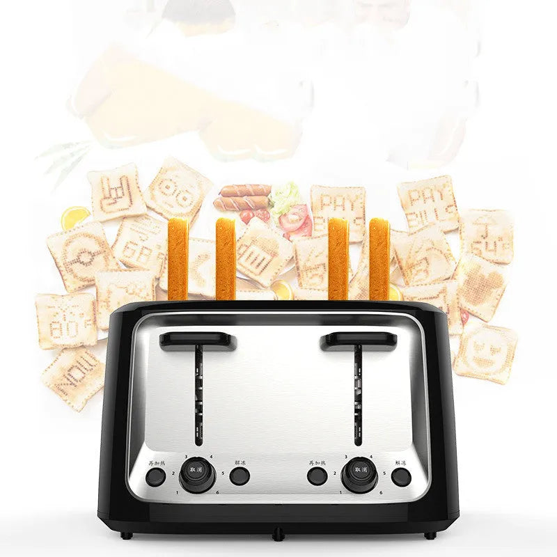 Four slot automatic toaster with 1500W power, 1-6 browning control, and optional AU CN EU UK US plug.
