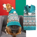 Green acrylic pet sweater with a diamond pattern knit for a dog, showing sizes XS to XL