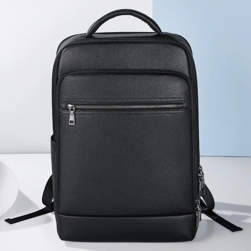 Black genuine leather men's business computer backpack with curved shoulder strap