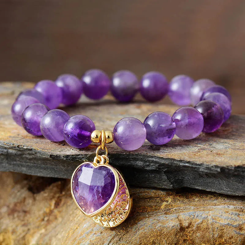 Natural stone amethyst stretch handmade beaded bracelet with heart-shaped amethyst and black agate beads 10mm size
