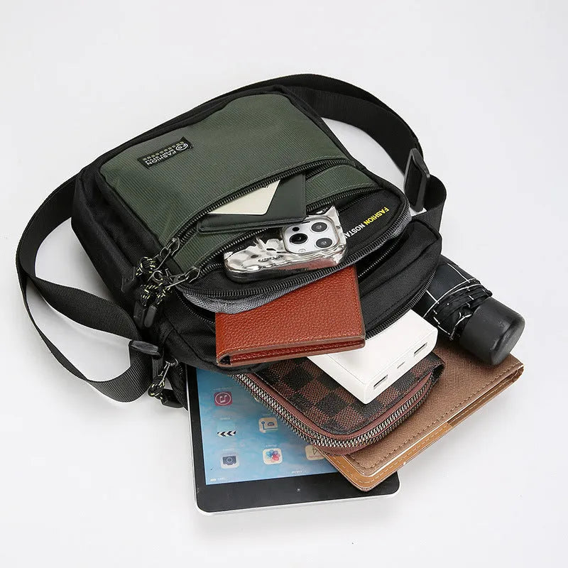 Men's nylon crossbody bag in a solid colour with a shoulder strap, showing urban simplicity style.