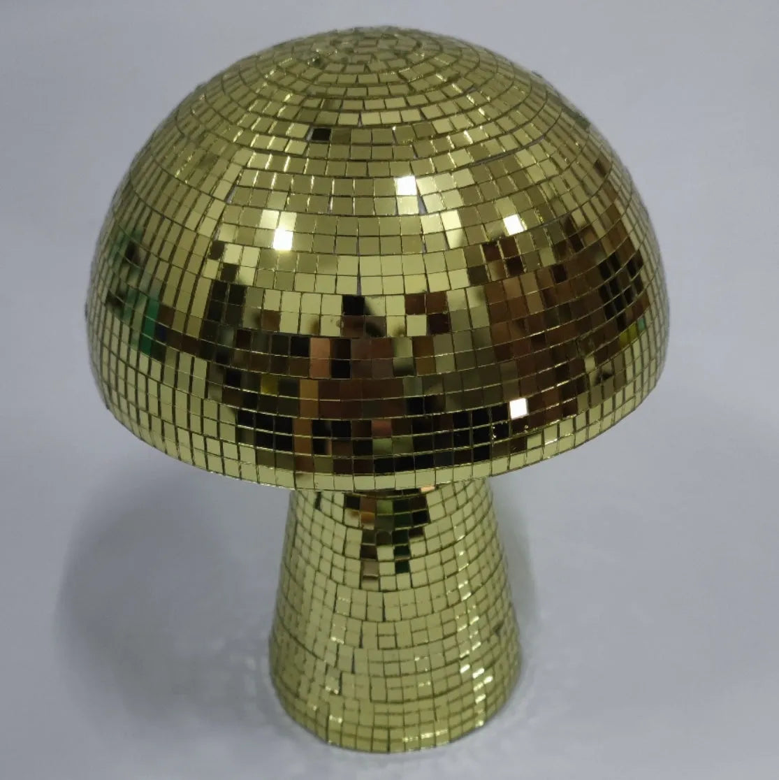 Handmade glass mushroom disco ball ornament with mirror brick upholstery in silver finish small size