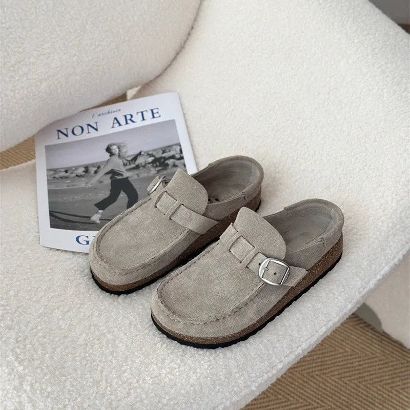 Unisex cow suede mule slippers with cork sole and toe cap in sand gray colour, side view