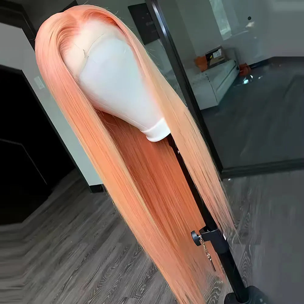 Light orange long straight front lace wig with side bangs on display