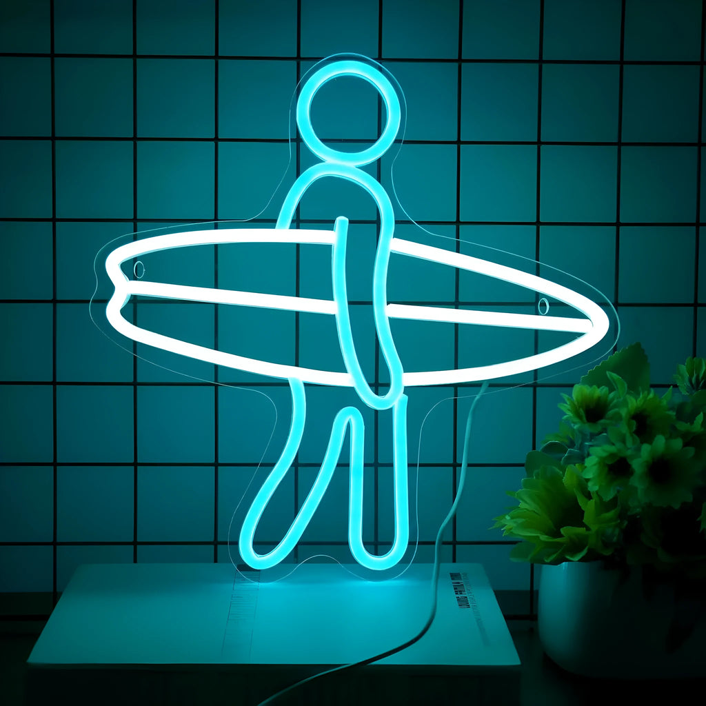 Abstract surfer neon sailboat acrylic plate wall decoration with 5V power and IP65 rating.