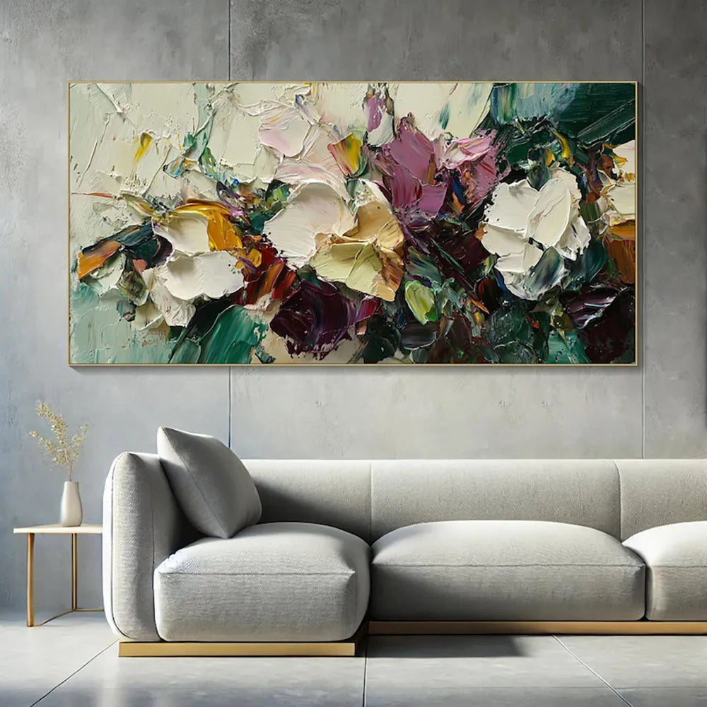 Hand-painted flowers oil painting on canvas, unframed horizontal wall art for home decor