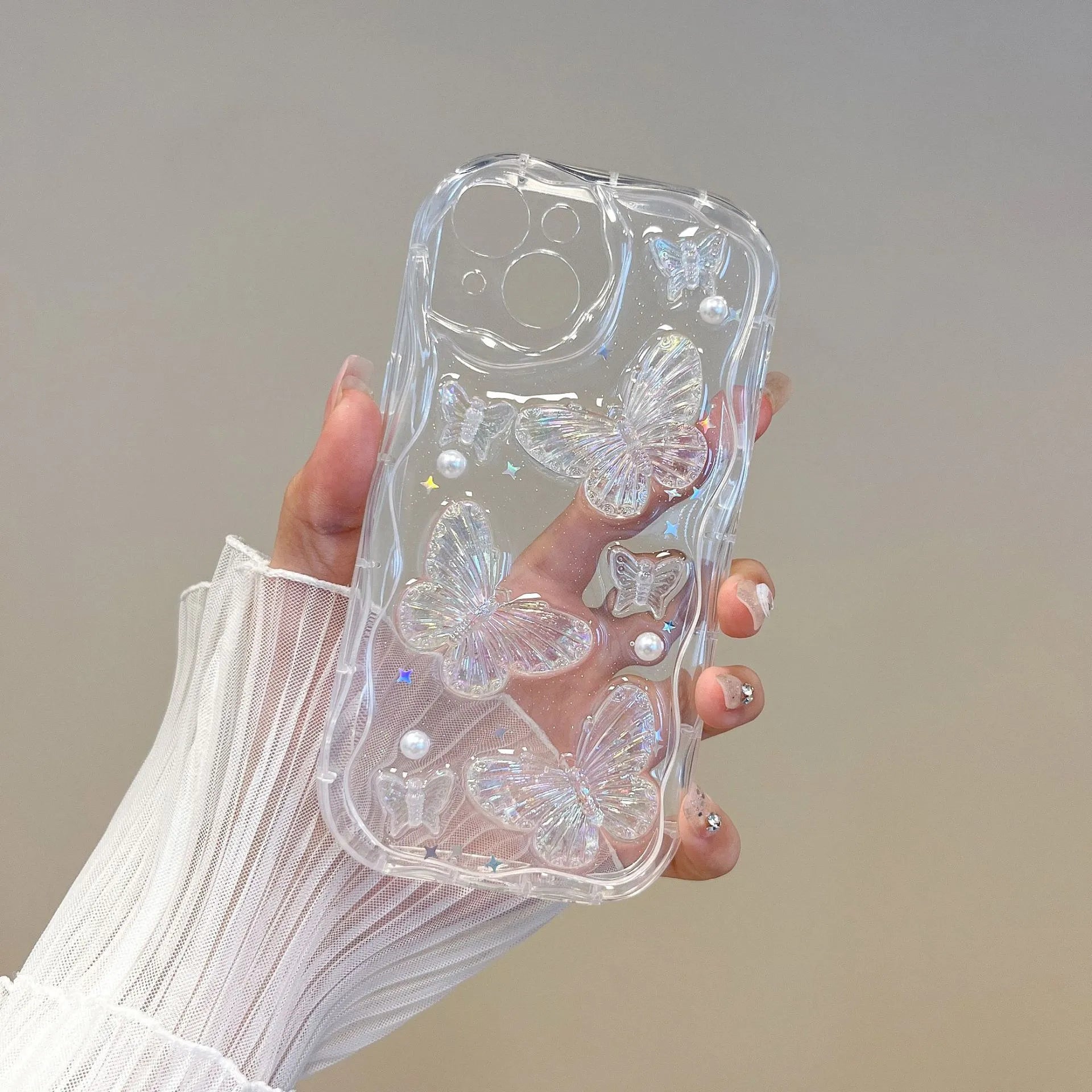 Three-dimensional butterfly phone case in transparent silicone with raised epoxy decoration for iPhone