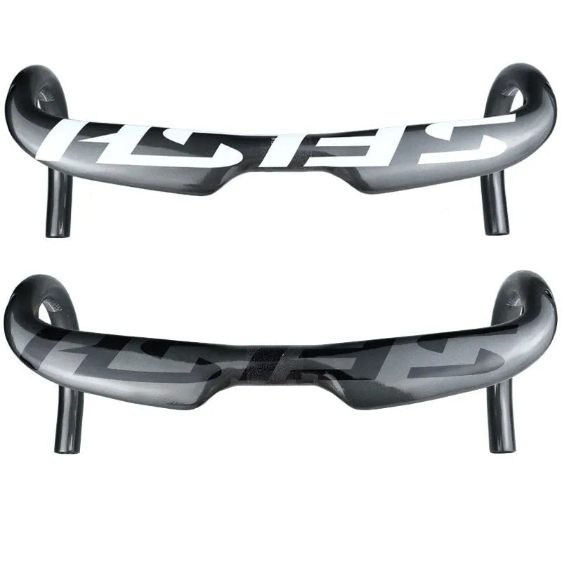 Carbon fibre road bicycle drop handlebar with internal cable routing channels shown in a black finish
