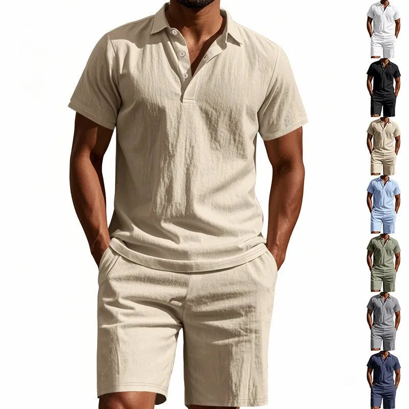 Men's linen blend short-sleeved shirt and matching shorts suit set in multiple colour options