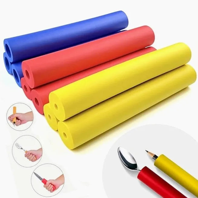 Rubber auxiliary grip hoses in a pack, showing inner diameters of 10mm and 18mm for pens and tableware.