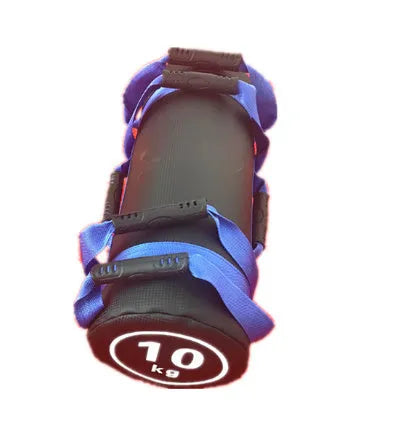 White PVC fitness sandbag for weight training, shown with weight options from 5 to 30 kilograms.