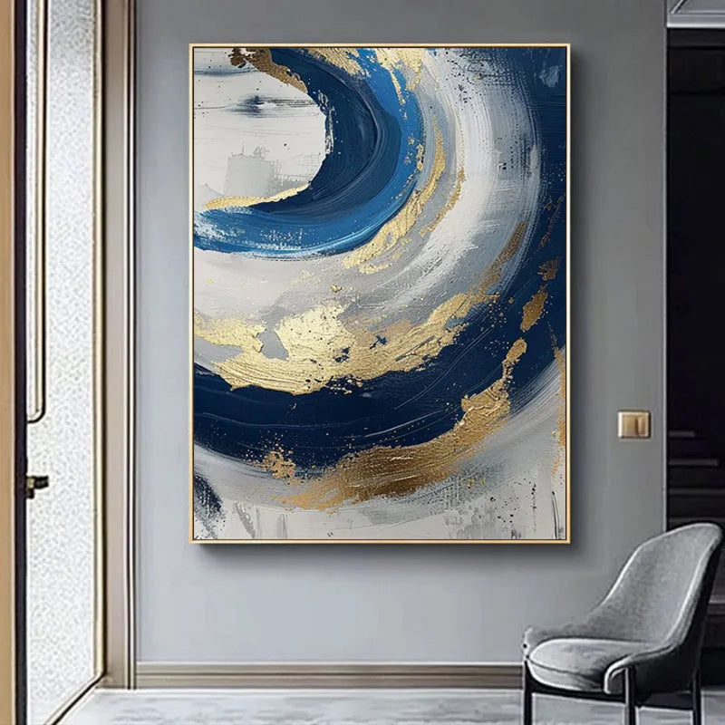 Handmade abstract oil painting in golden and blue on frameless vertical canvas, one panel, for living room wall decor