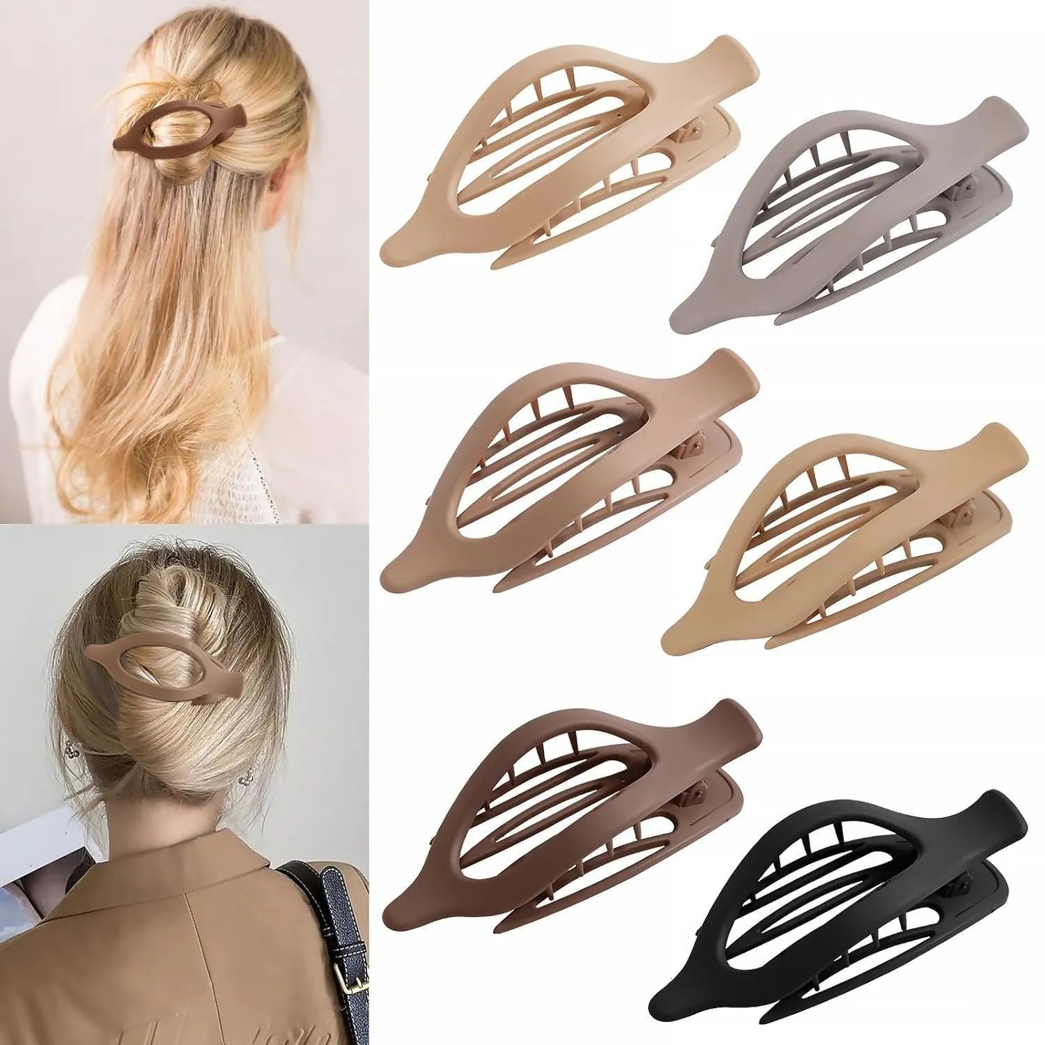 Six plastic hair clips with frosted grip and quadrilateral design in nude colour