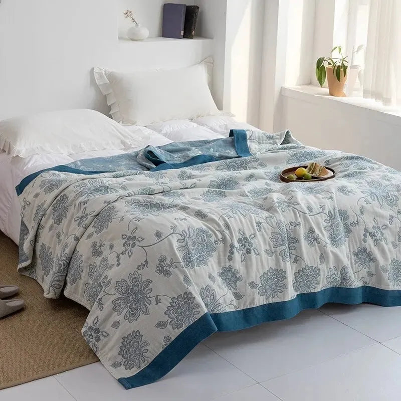 Blue Roulette Wheel pattern cotton towel blanket with thickened five-layer gauze construction