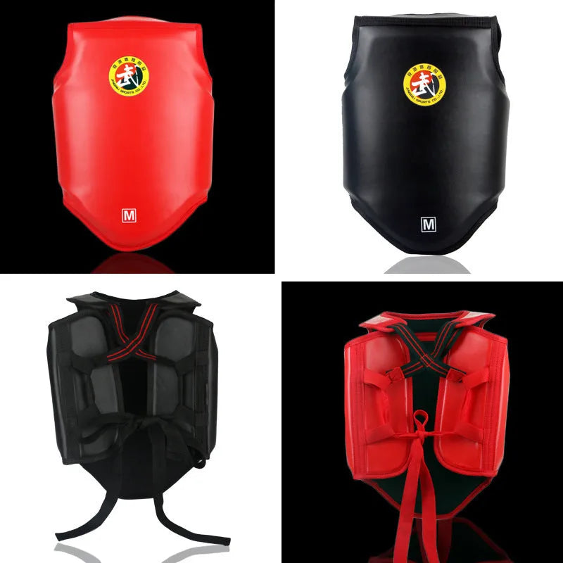 Red boxing helmet and one-piece chest protector set for training and competition