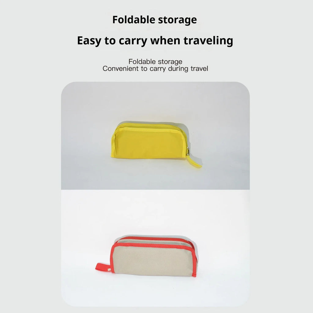 A folded Oxford cloth camping stool in khaki with its attached crossbody carry bag, shown next to an unfolded version.