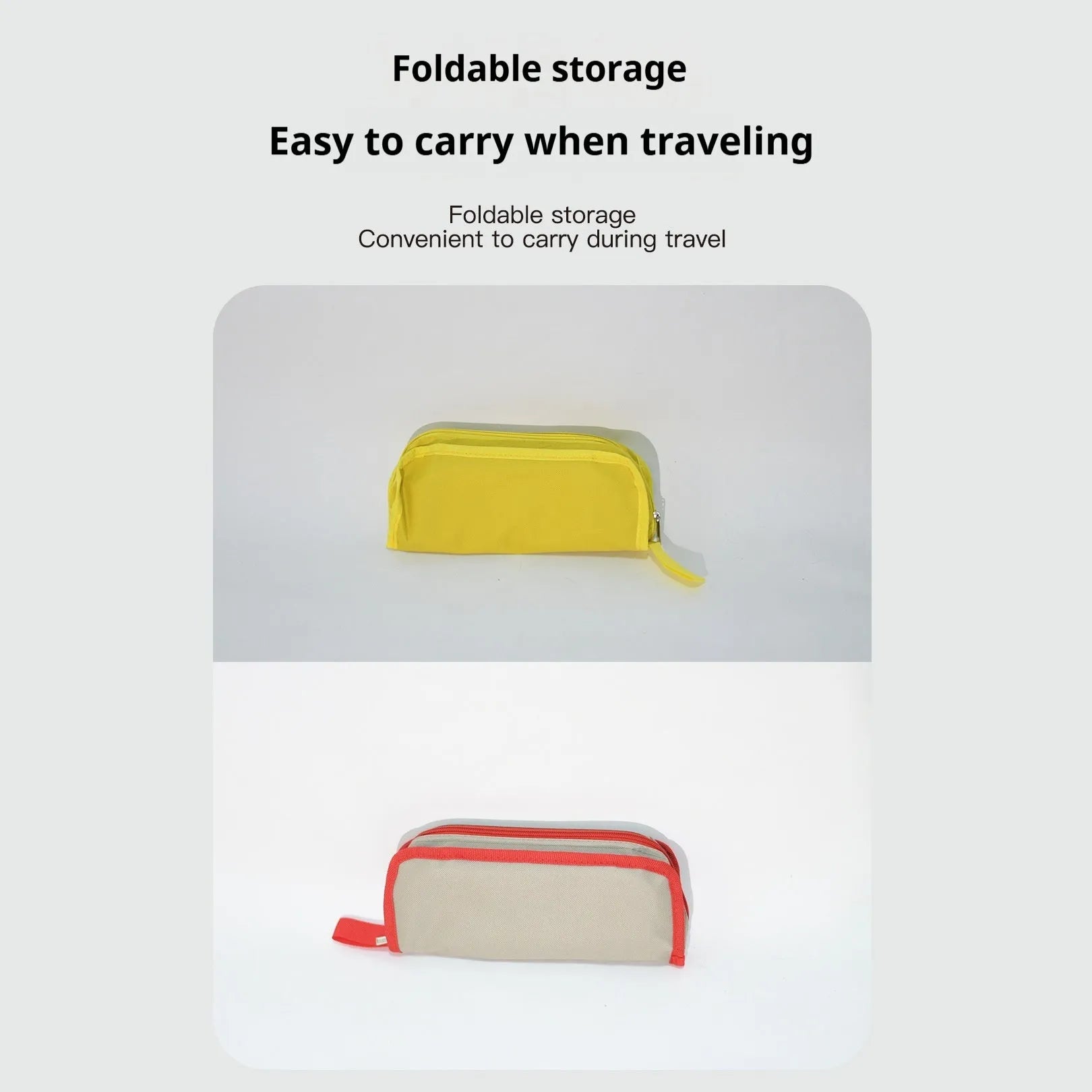 A folded Oxford cloth camping stool in khaki with its attached crossbody carry bag, shown next to an unfolded version.
