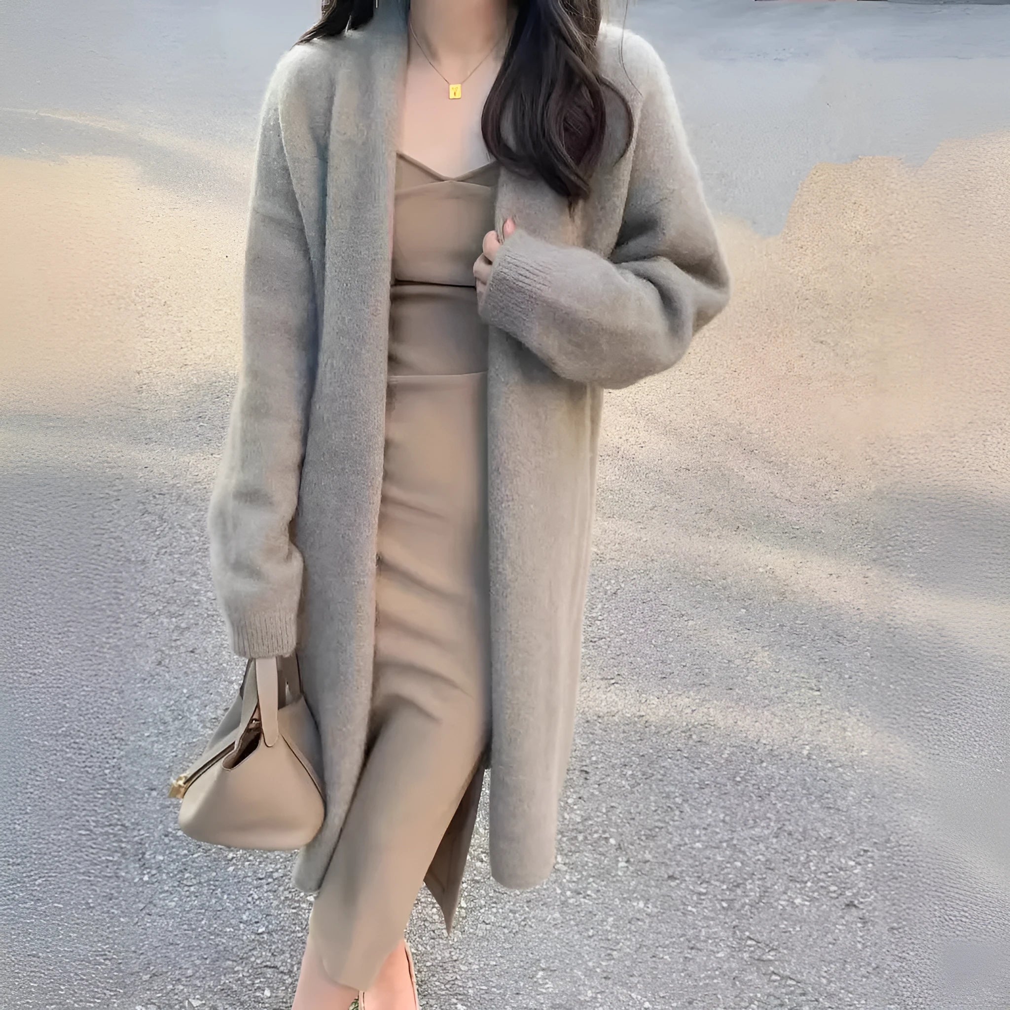 Women's loose fit mid-length knitted cardigan in a V-neck style, shown in khaki colour.