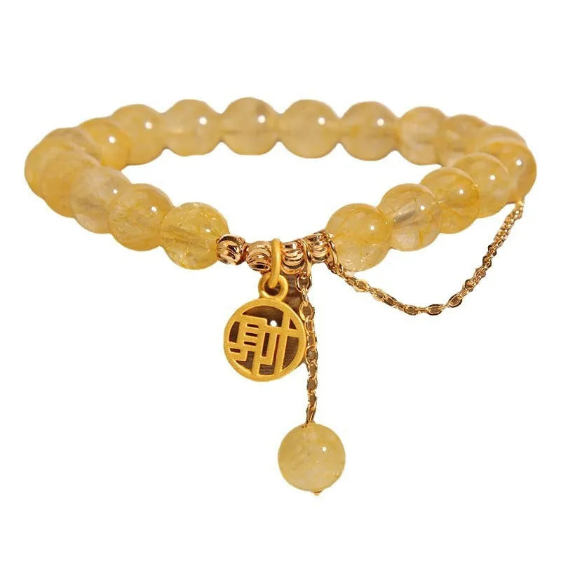 Natural citrine bracelet with Chinese character tassel in electroplated mixed materials