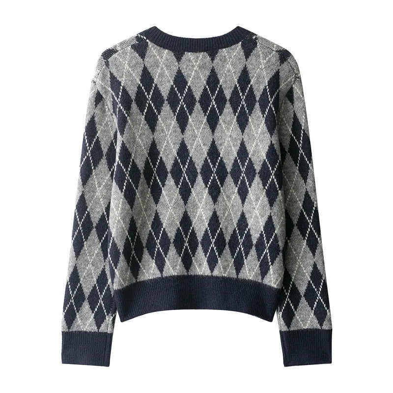 Women's knit sweater with contrast stripe pattern, long sleeves, regular fit, in picture colour