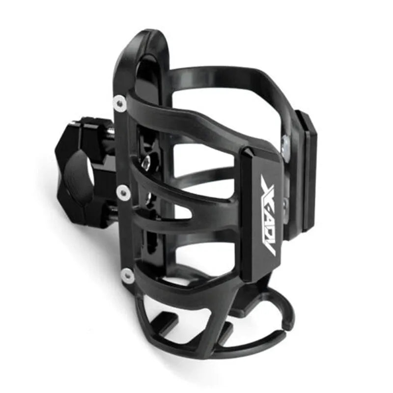 Modified black water bottle cage for Honda X-ADV scooter on handlebars.