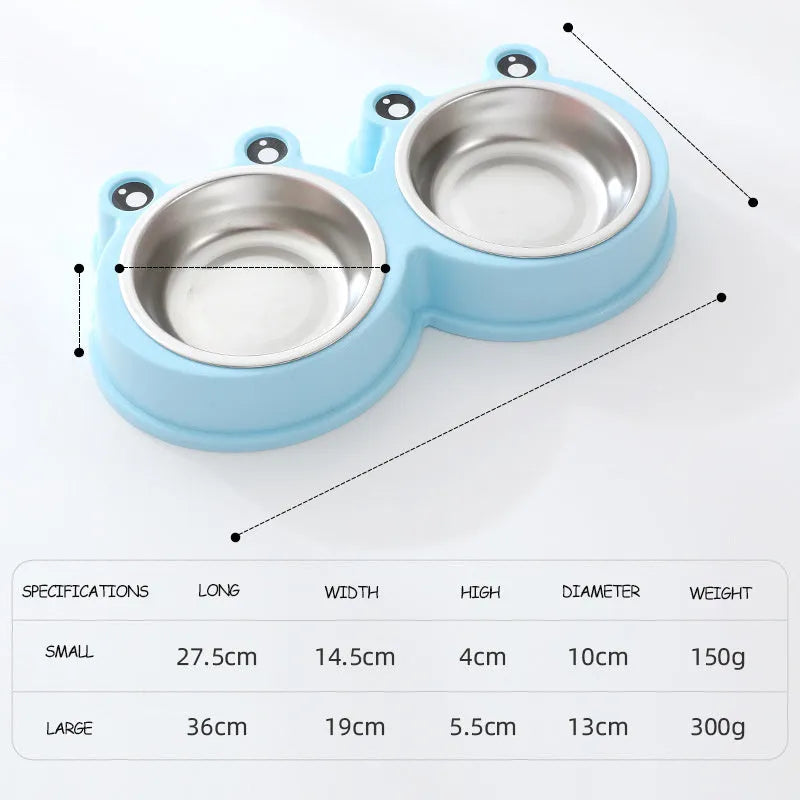 Stainless steel pet double bowl for food and water in blue, green, and pink colour options.