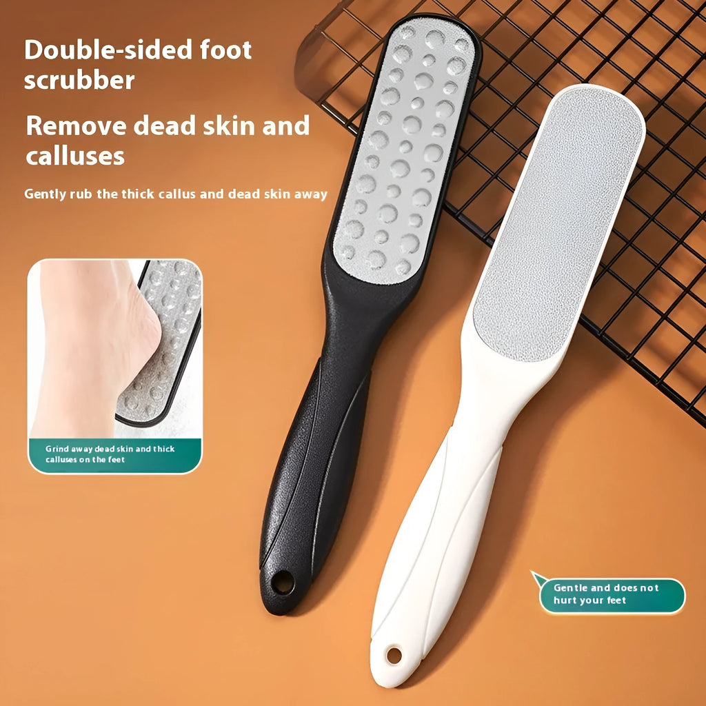 Stainless steel foot file with handle and two double-sided sandpaper pads for callus removal.