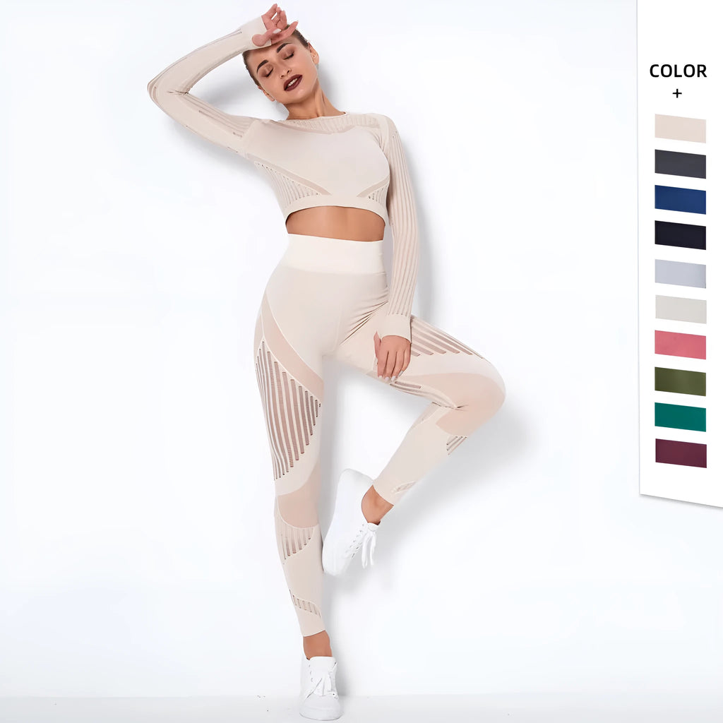 Women's long-sleeved seamless yoga wearsuit in a dark colour, shown in a yoga pose.