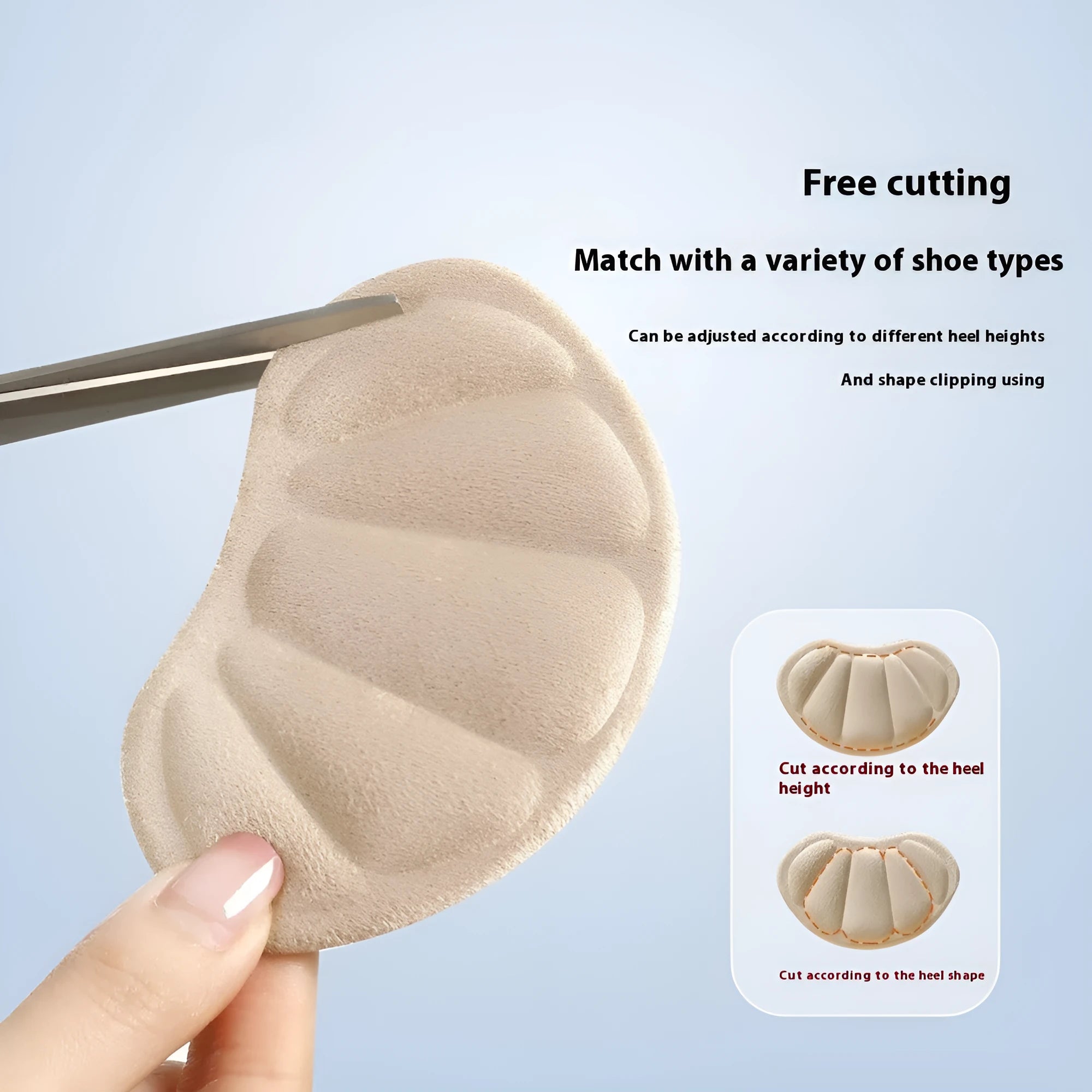 Three pairs of camel colour adhesive heel cushion pads with suede surface measuring 9.3cm by 6cm