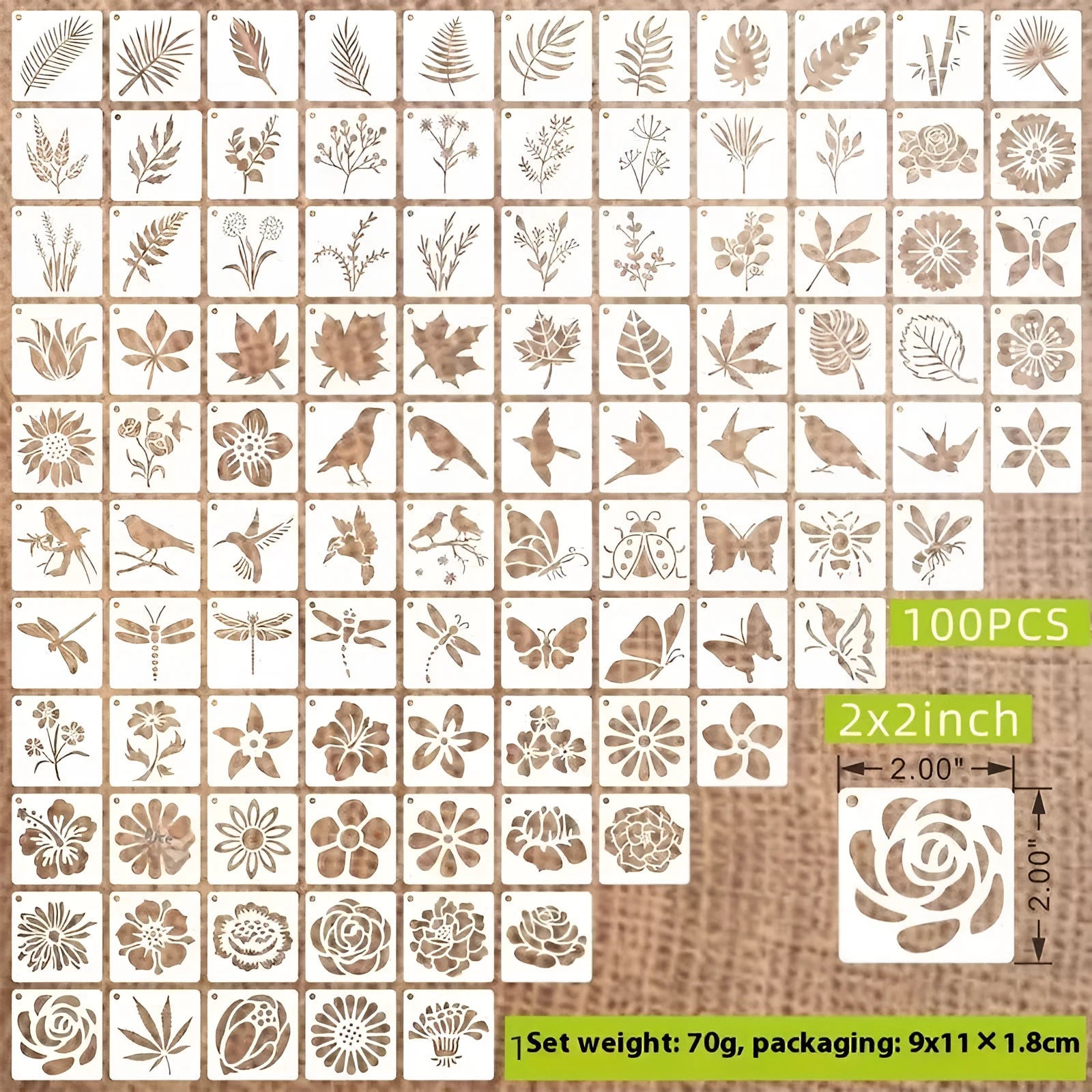 Milky white PET film spray painting stencils showing animal, floral, and letter design templates.